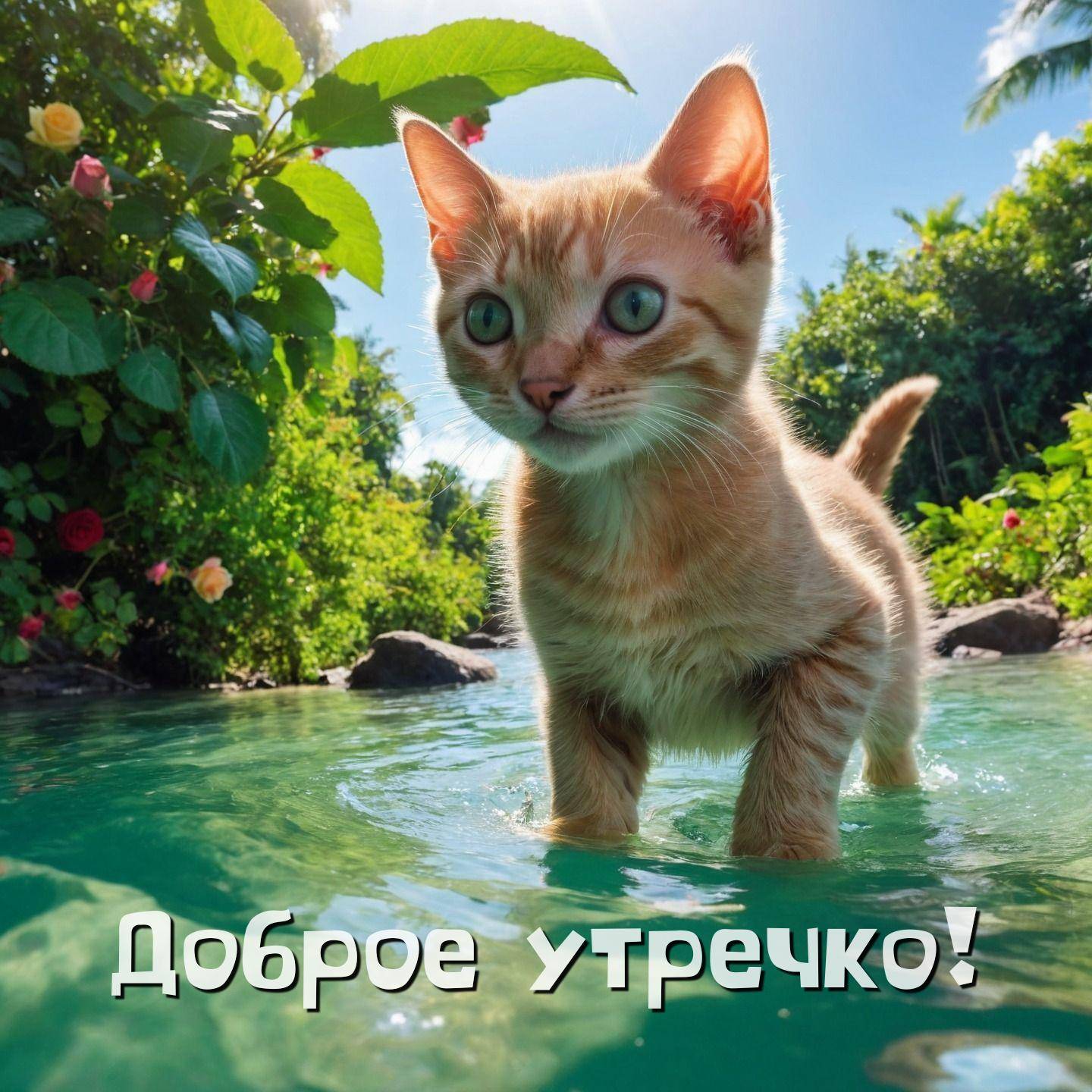 Утро, рыжий котенок стоит в воде, зелень и цветы вокруг