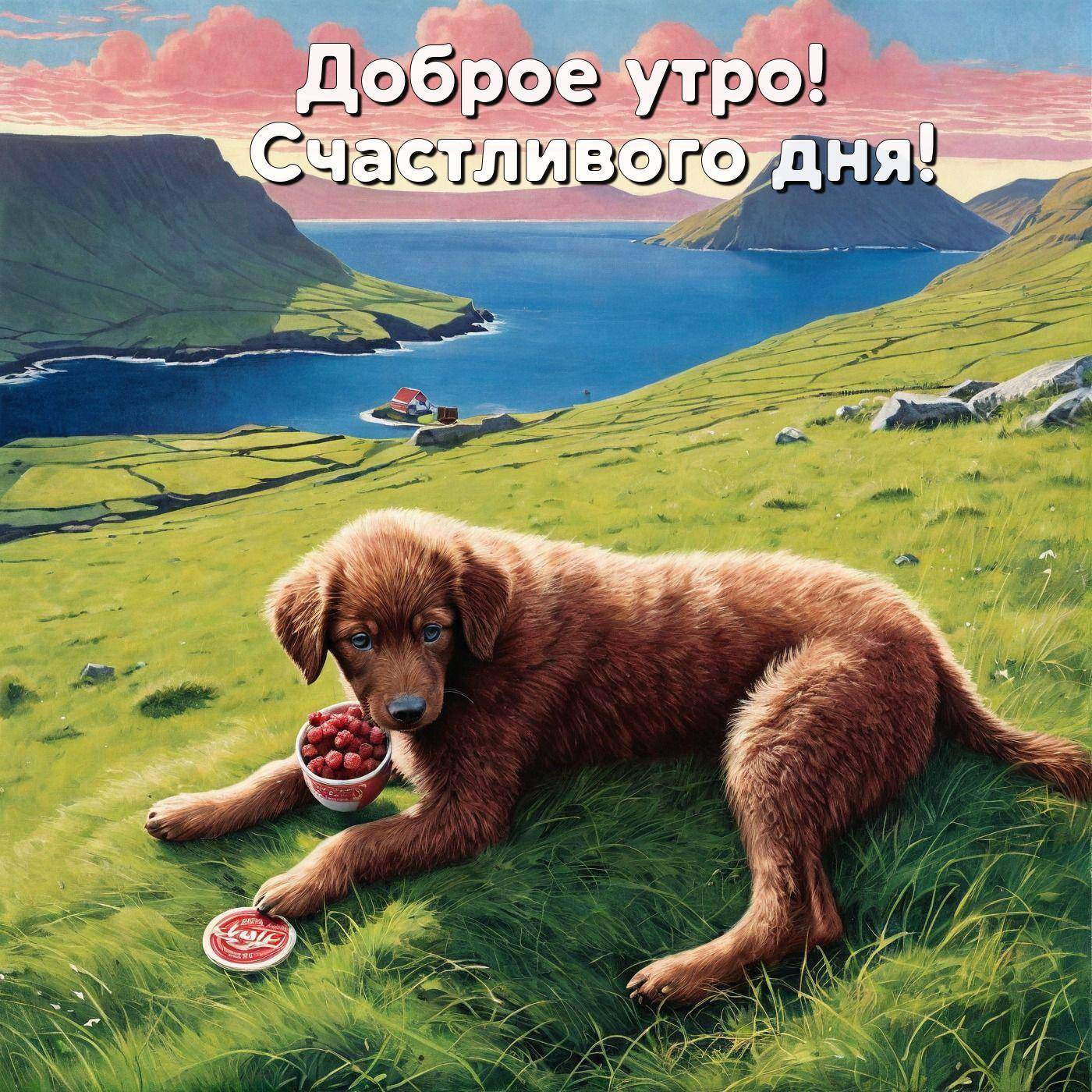 Утро, рыжий щенок на травянистом холме у миски с ягодами
