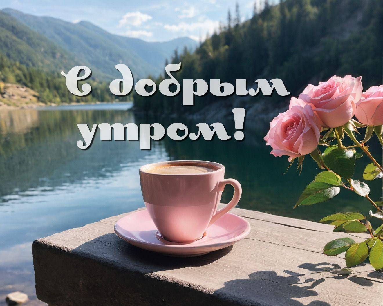 Утро, розовая чашка с кофе и букет роз на природе