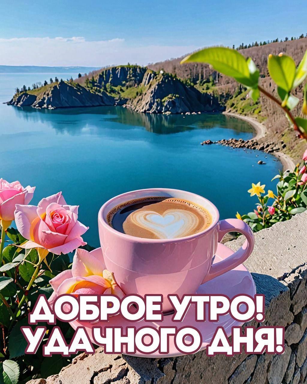 Утро, розовая чашка с кофе и сердечком, розы, пейзаж