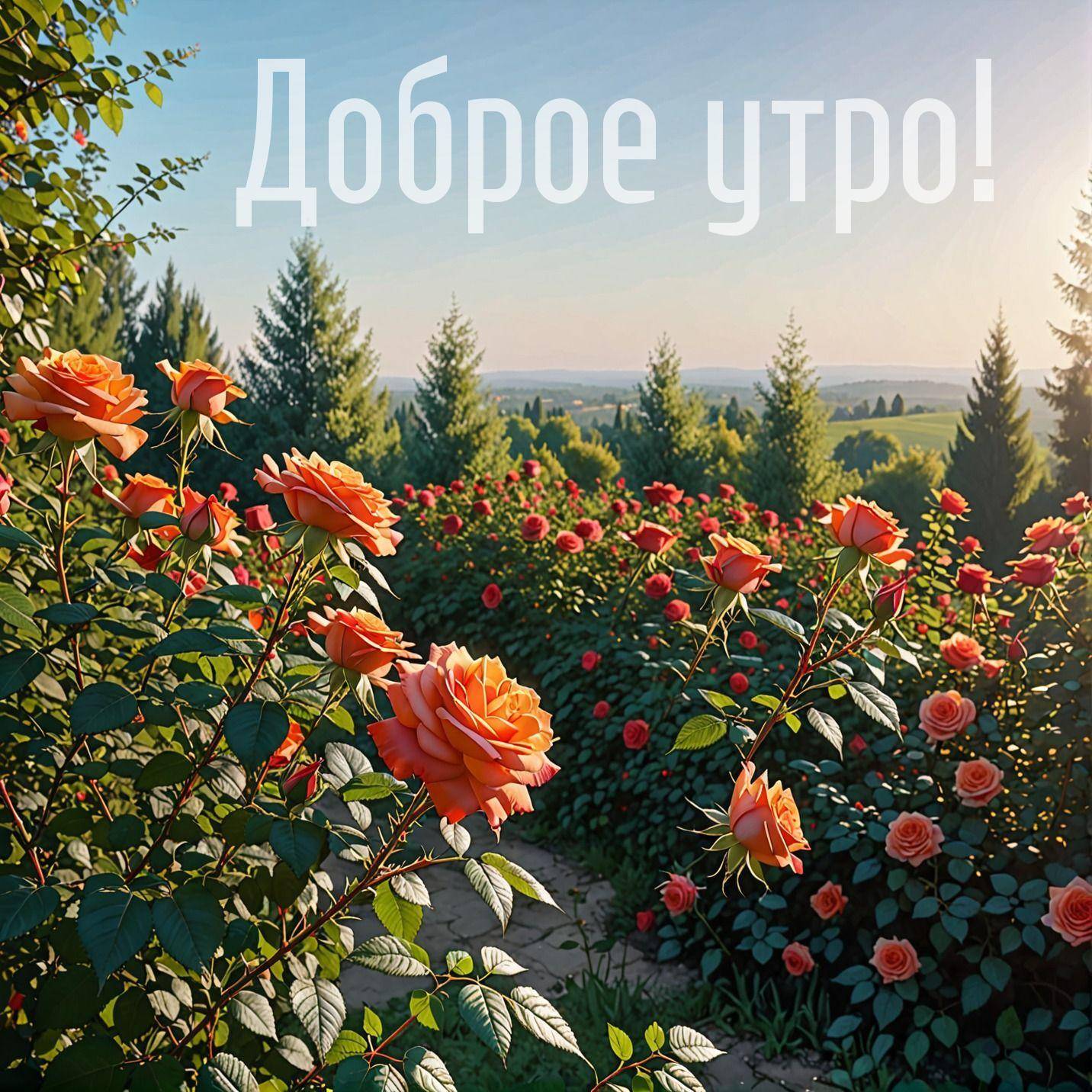 Утро, сад с розами и хвойными деревьями
