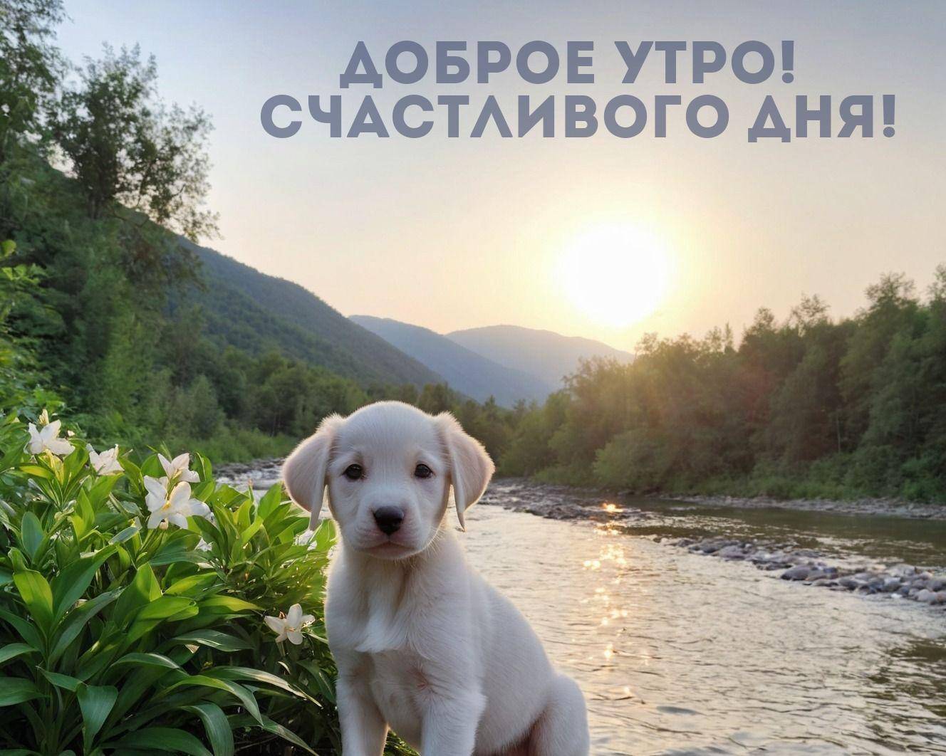Утро, щенок на берегу реки на фоне заката