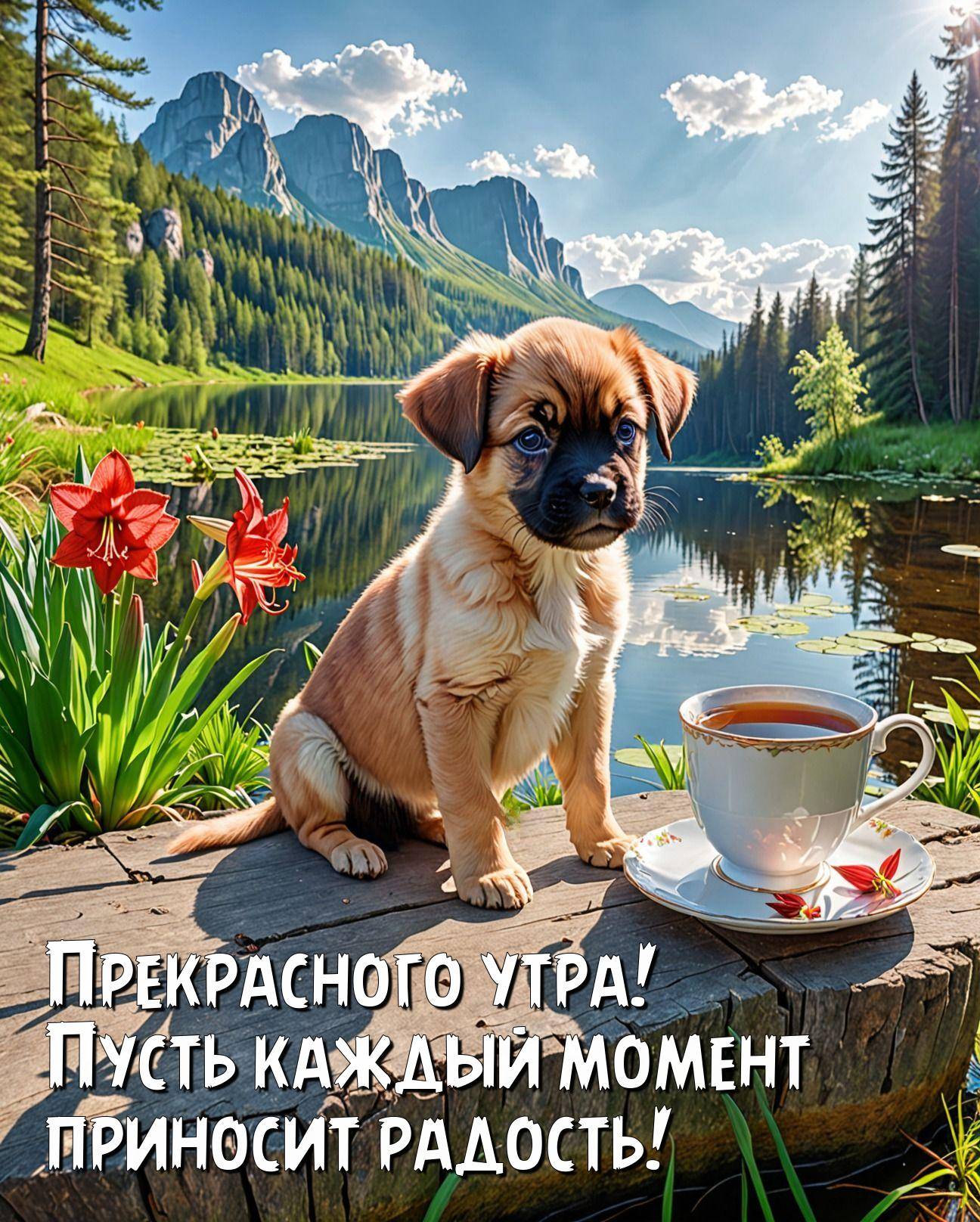 Утро, щенок на дереве с чашкой чая