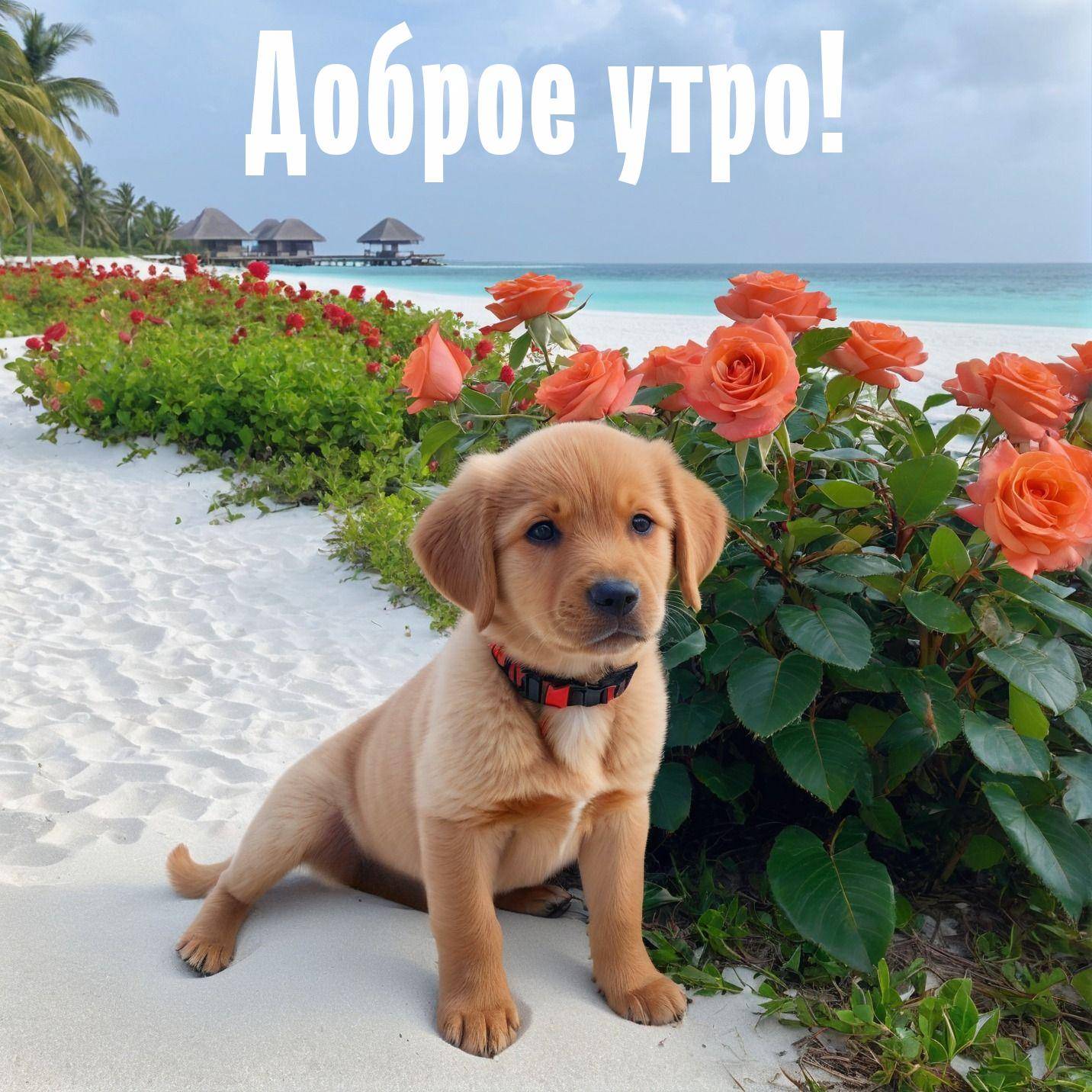 Утро, щенок на песчаном берегу рядом с розами