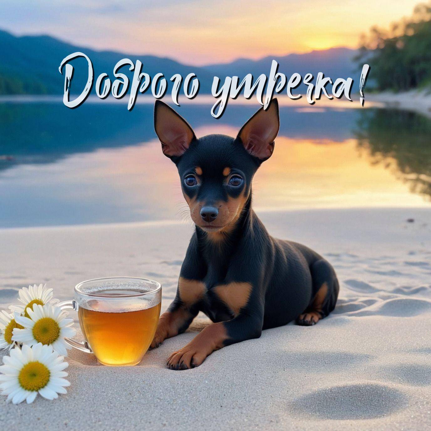 Утро, щенок на песке с чашкой чая и ромашками