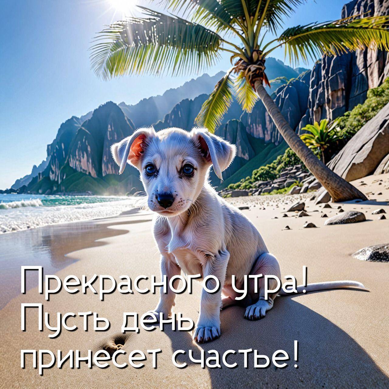 Утро, щенок на пляже с пальмой и горами на фоне