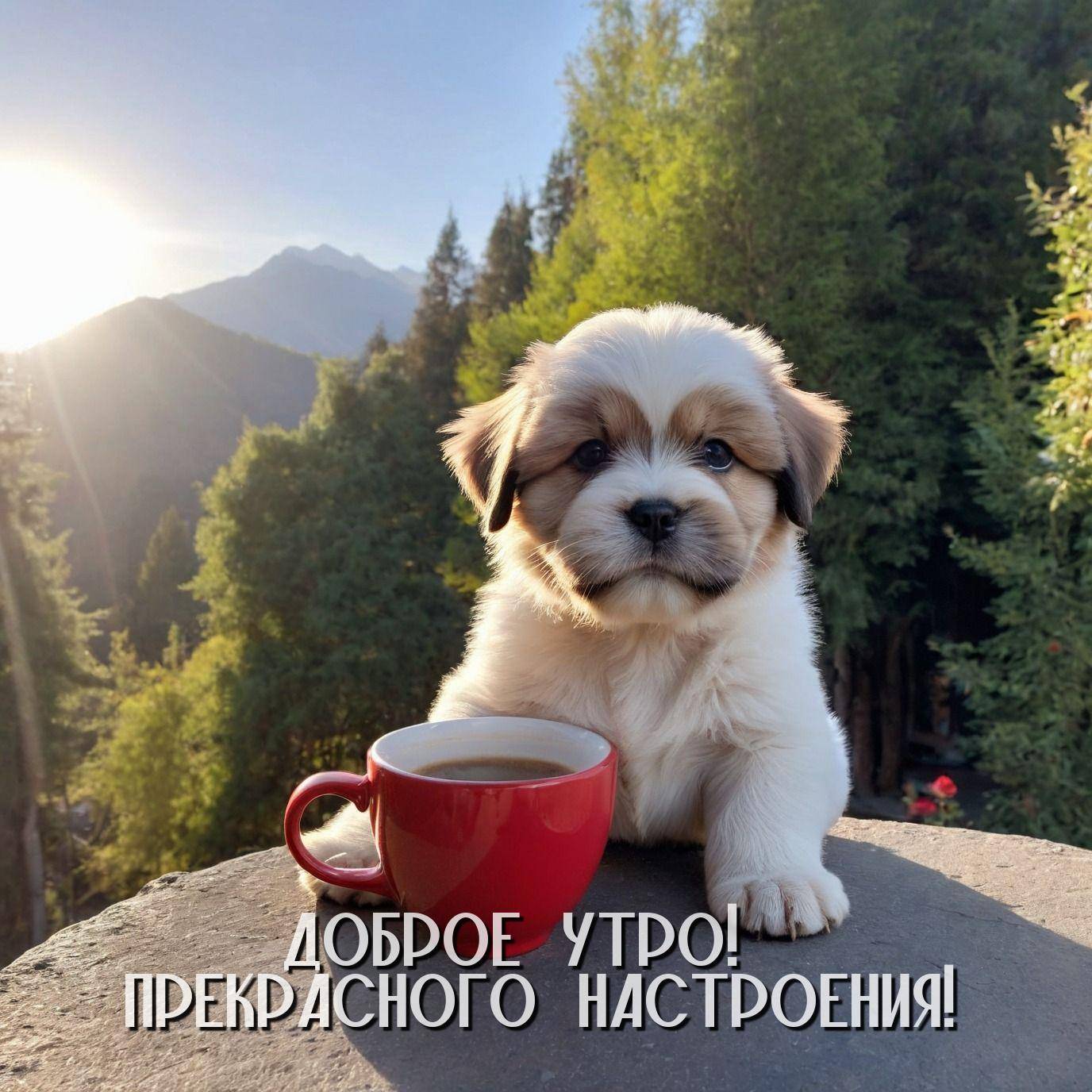 Утро, щенок рядом с красной кружкой на фоне гор