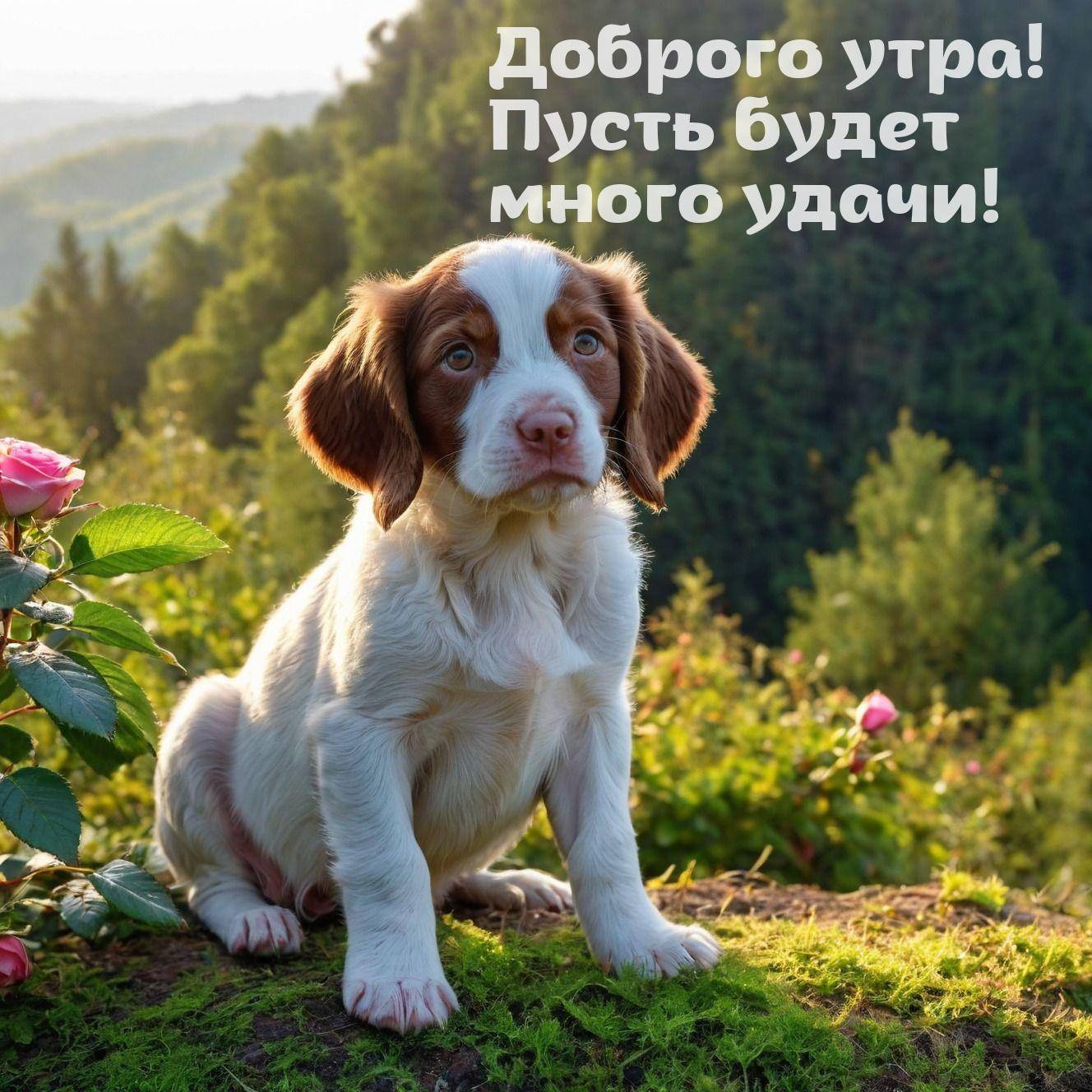 Утро, щенок с бело-коричневой шерстью на мохе, природа