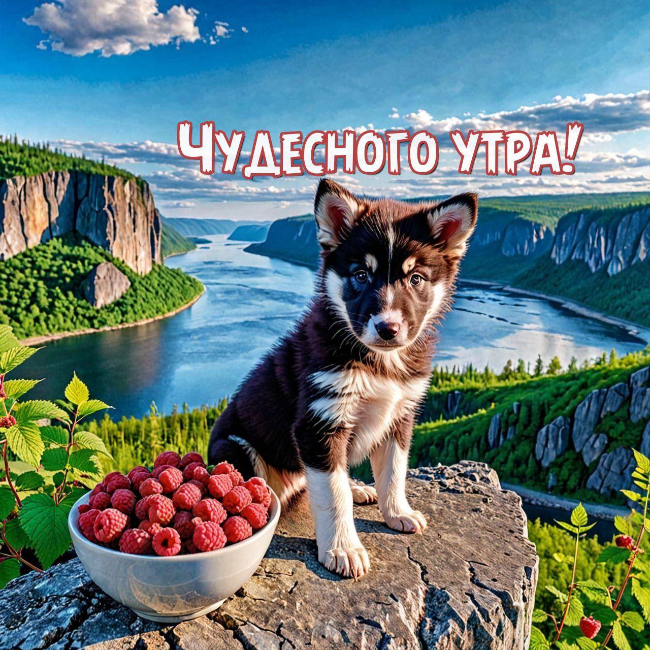 Утро, щенок с бело-коричневой шерстью на скале, миска с малиной