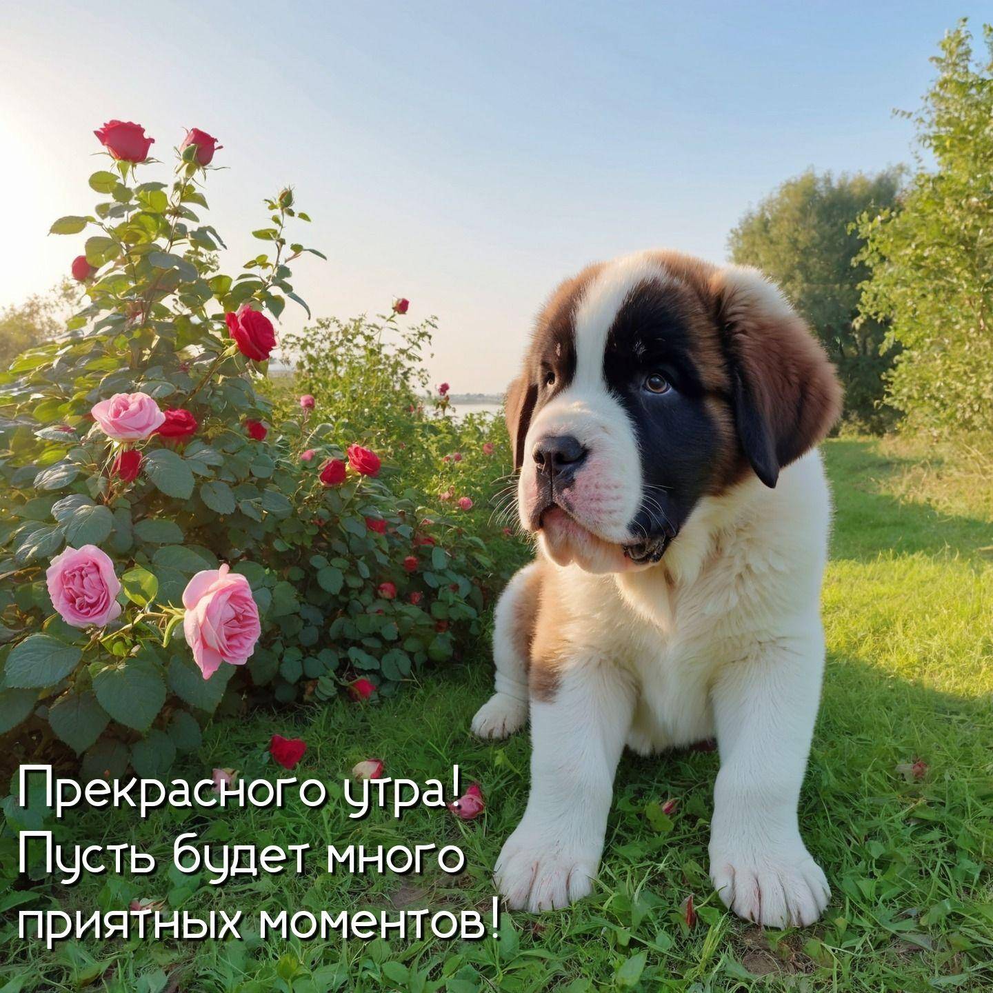 Утро, щенок сенбернара на фоне зелёной травы и цветов