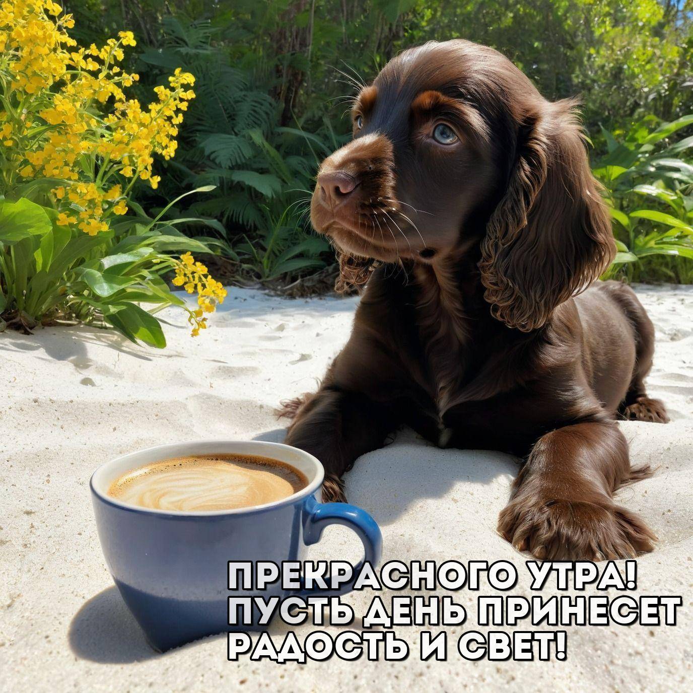 Утро, щенок шоколадного цвета с латте на песке
