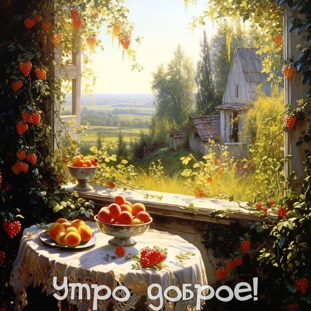 Утро, сельский пейзаж, стол с фруктами