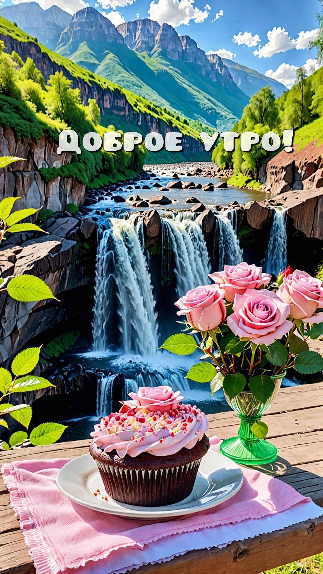 Утро, шоколадный капкейк с розочкой и природа на фоне