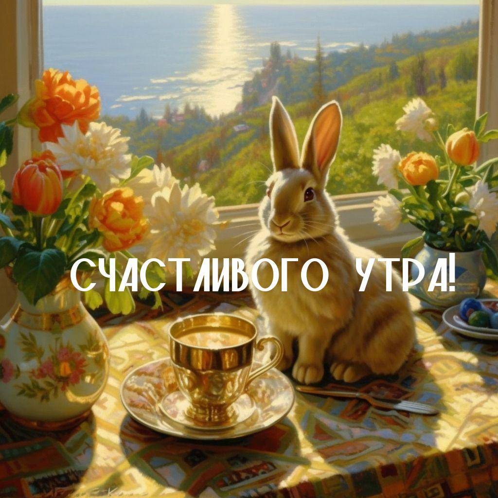 Утро, симпатичный белый кролик на столе возле окна