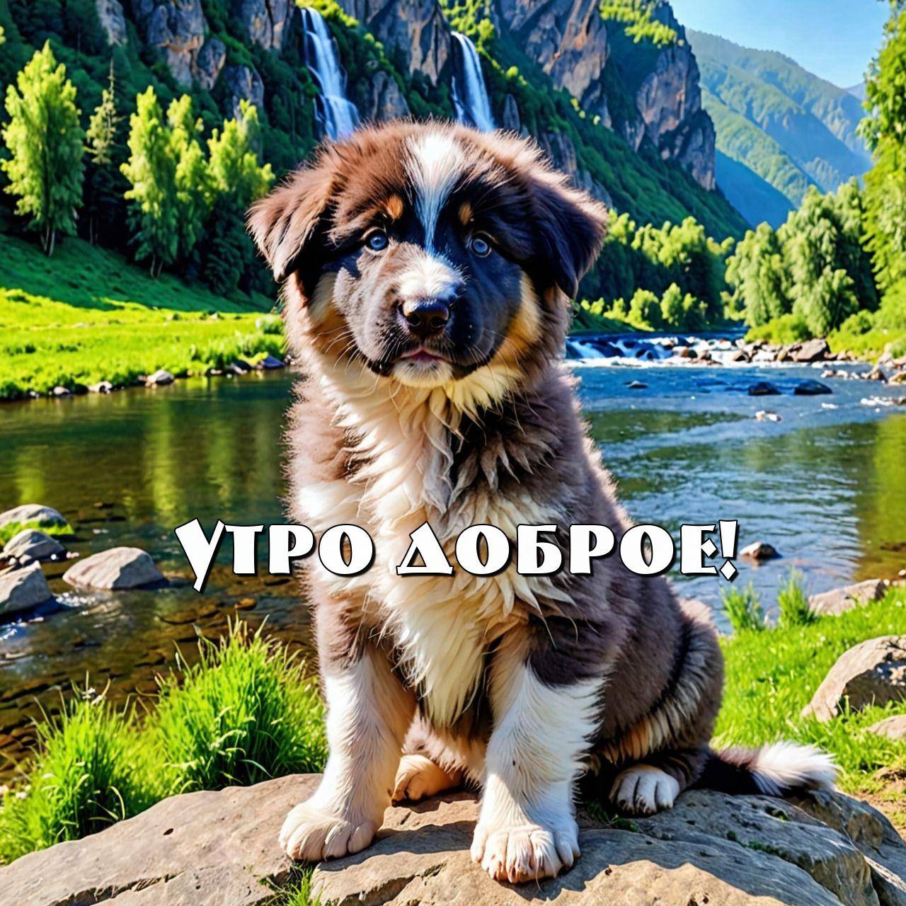 Утро, симпатичный щенок на камне, река и водопад на фоне