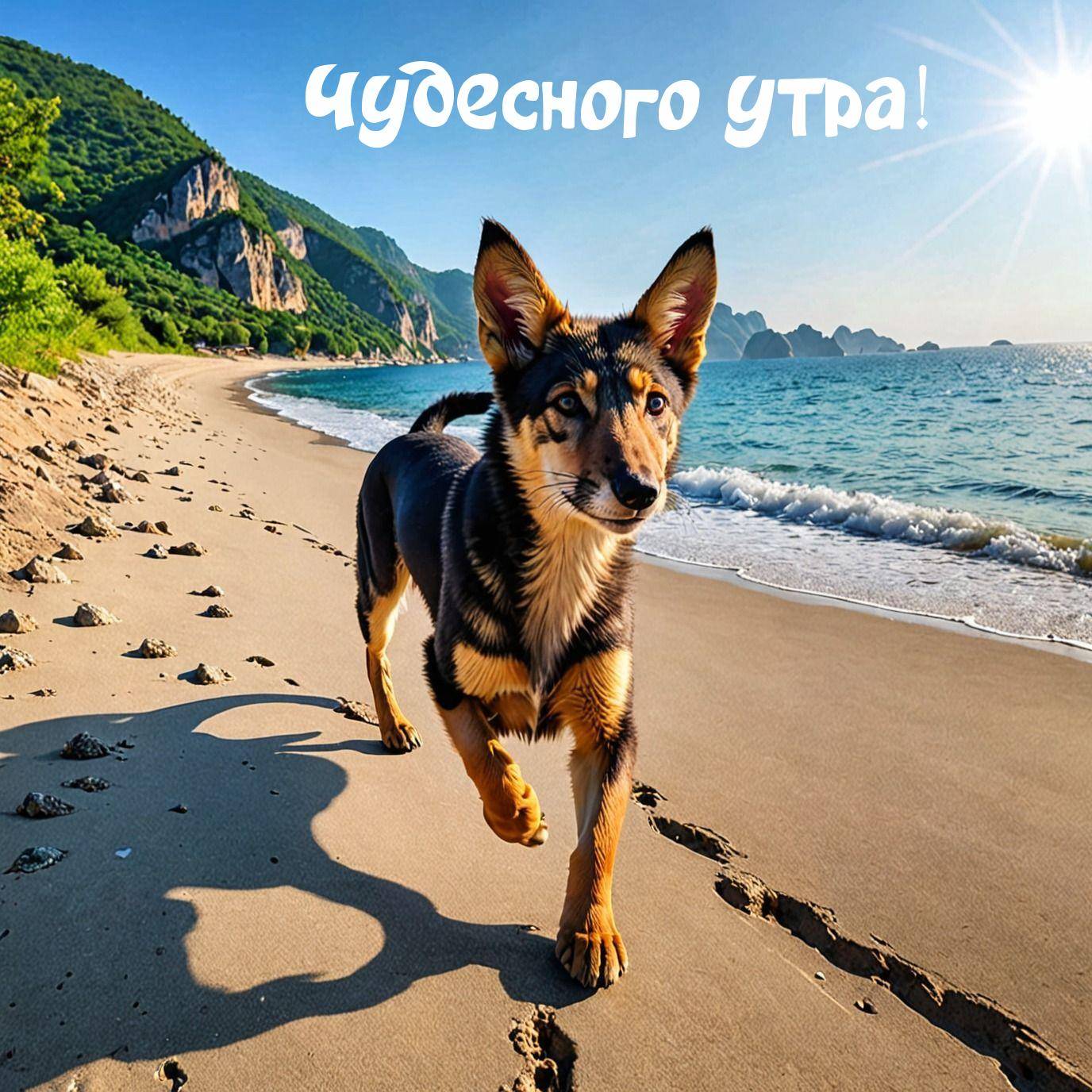 Утро, собака бежит по пляжу, горы, море и солнце