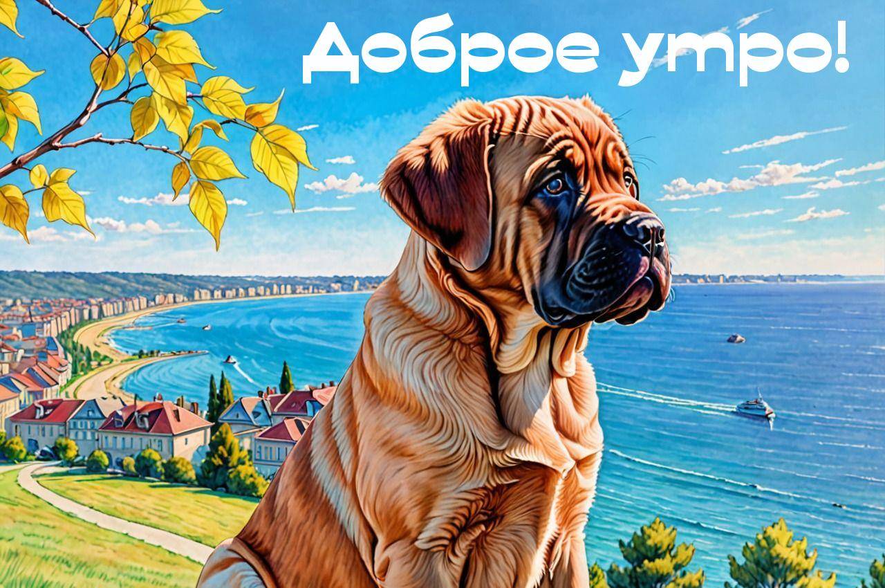 Утро, собака на морском побережье, виднеется город