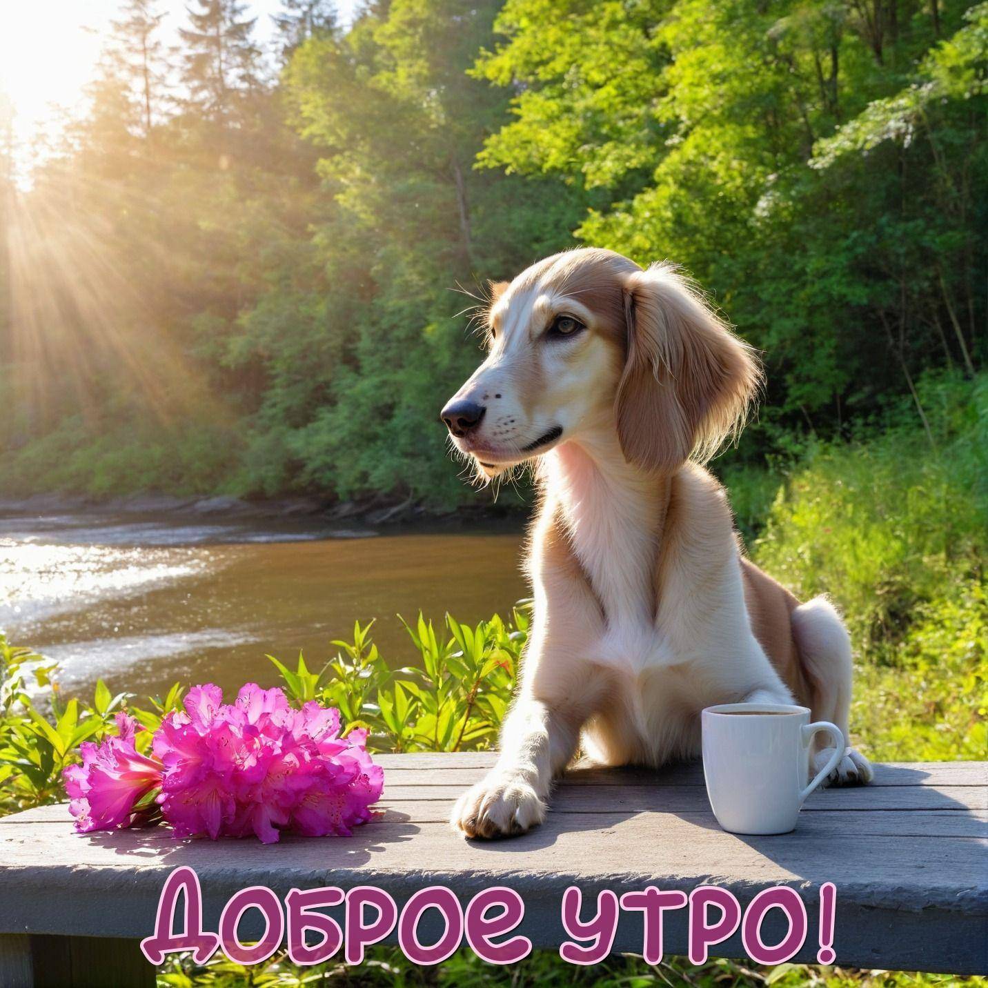 Утро, собака на скамье с цветами и кружкой на фоне природы