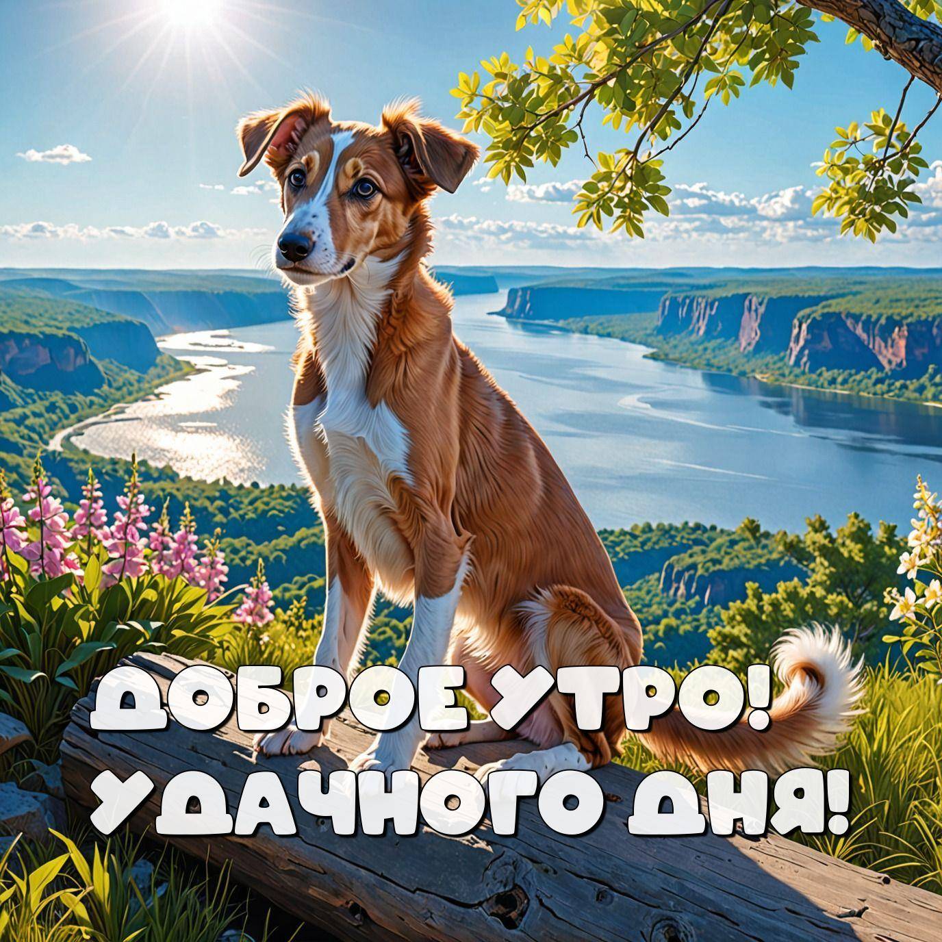 Утро, собака с рыжевато-белой шерстью на деревянном стволе