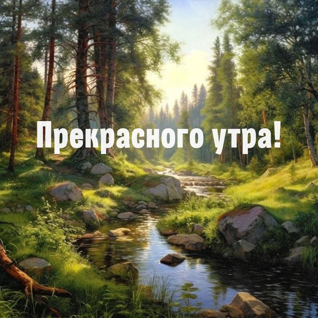 Утро, солнечная лесная сцена с ручьем