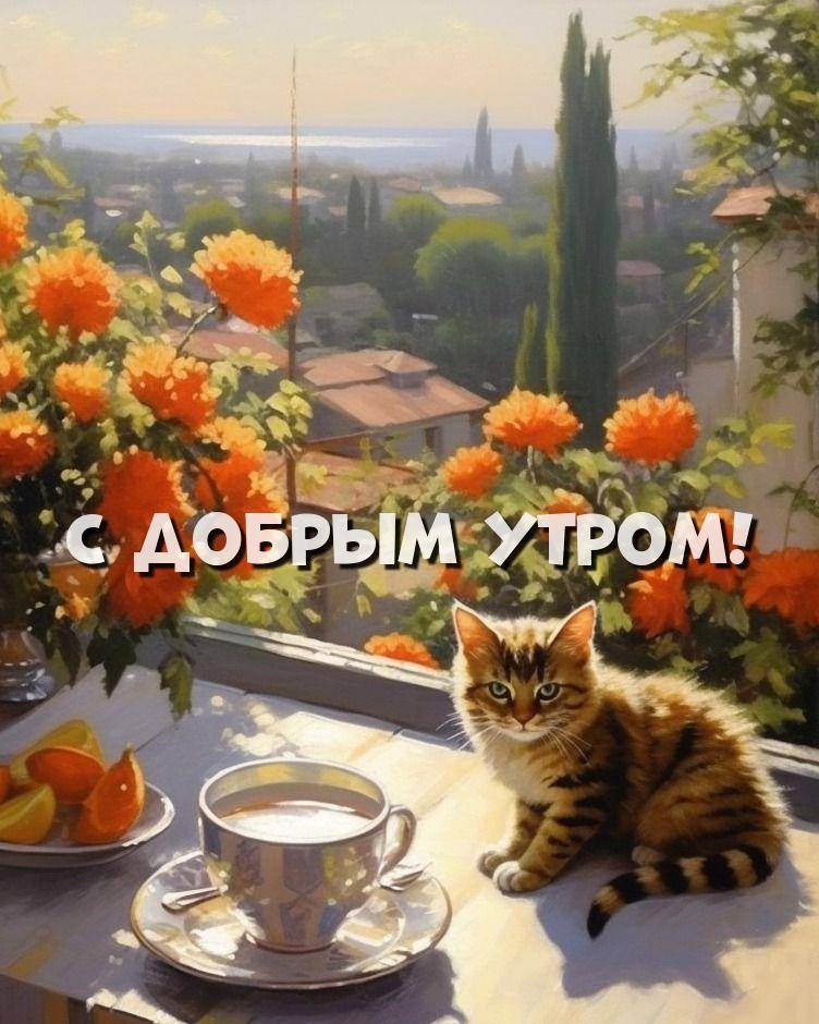 Утро, солнечный день, котенок и стол с чаем