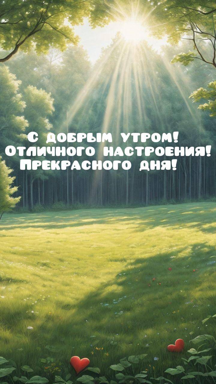 Утро, солнечный лесной пейзаж с сердечками на траве