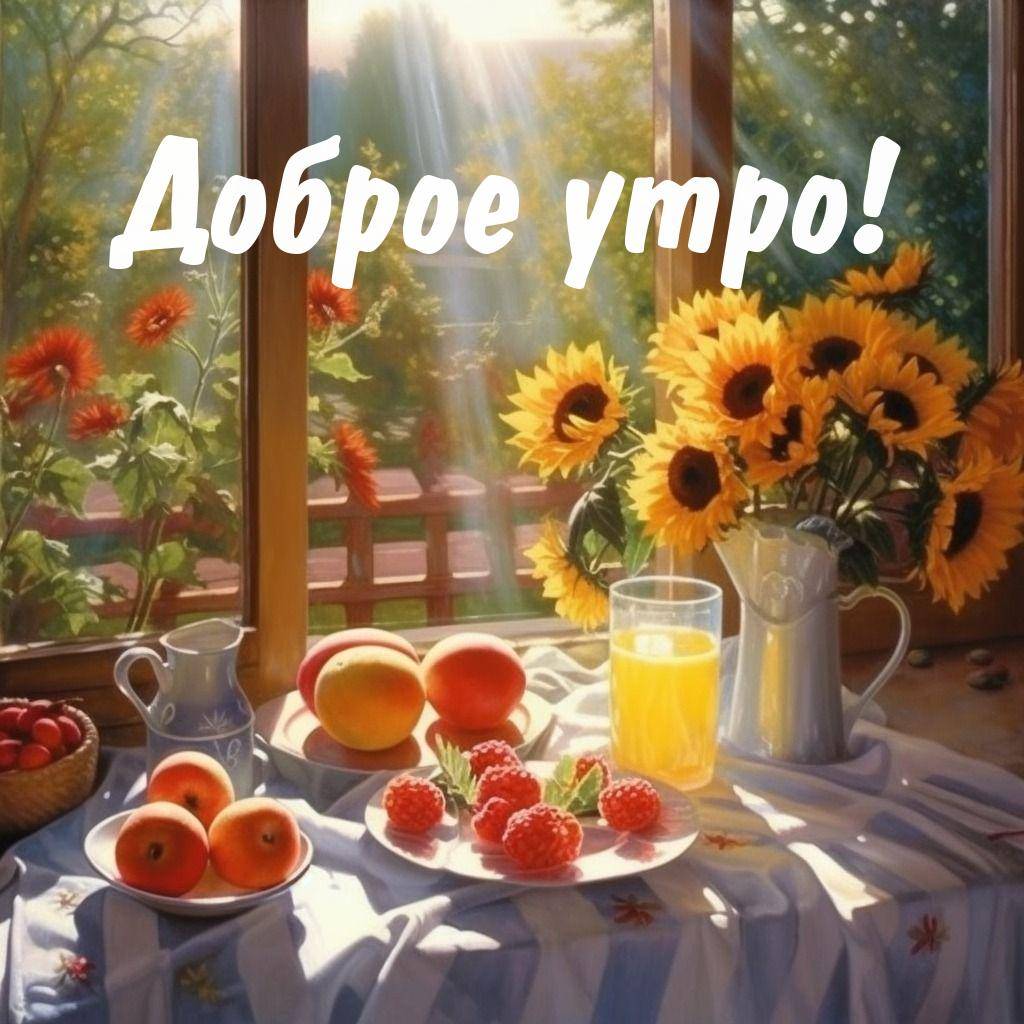 Утро, солнечный летний натюрморт за столом с цветами