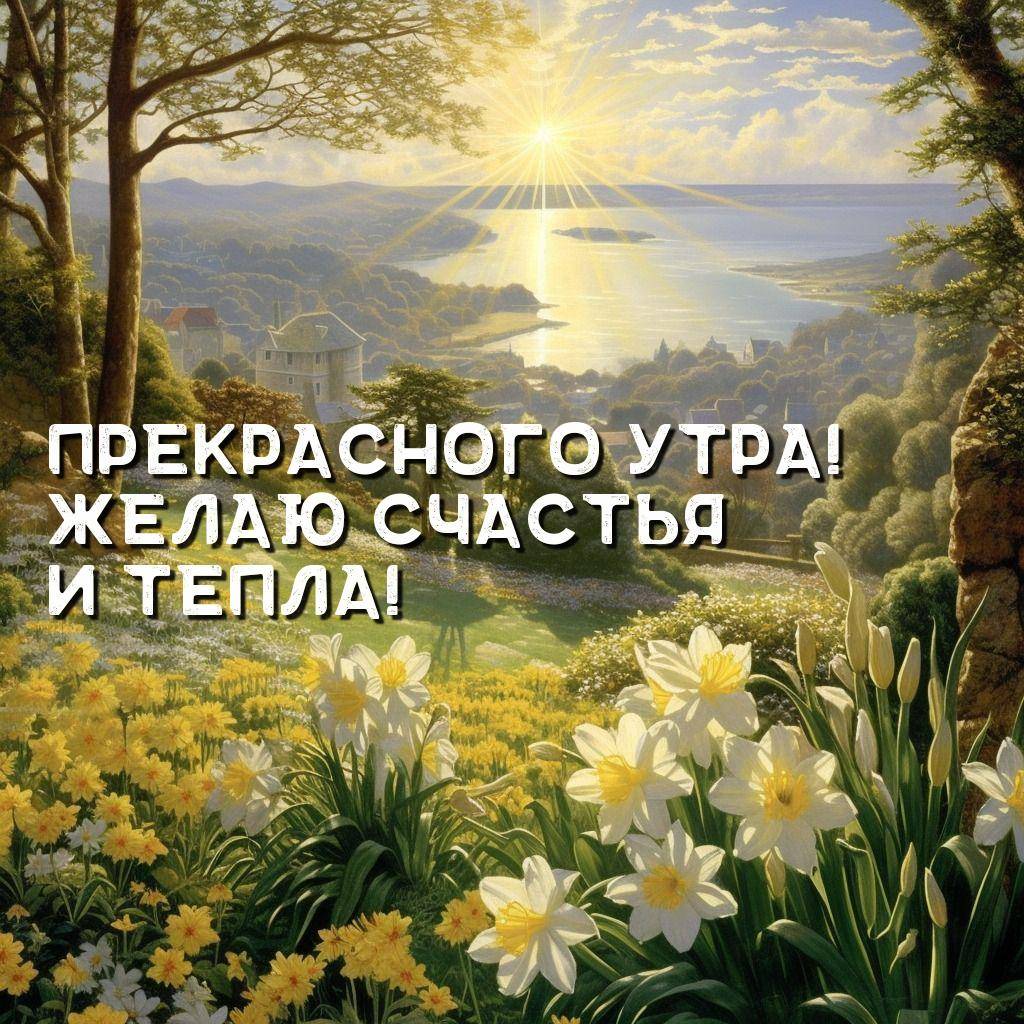 Утро, солнечный восход над цветущим лугом