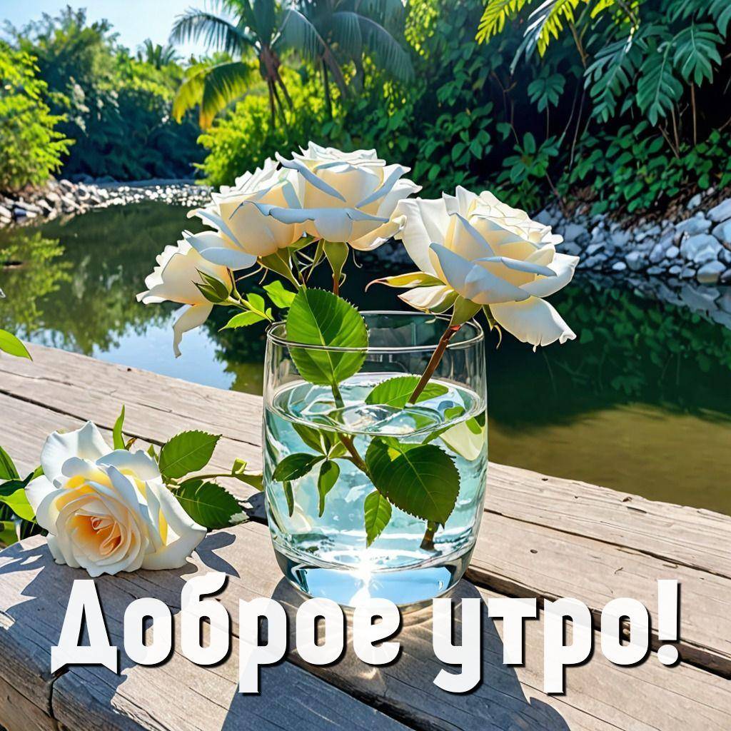 Утро, стеклянный стакан с водой и белыми розами