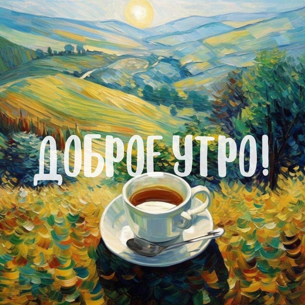 Утро, стилизованный пейзаж с чашкой чая и ложкой