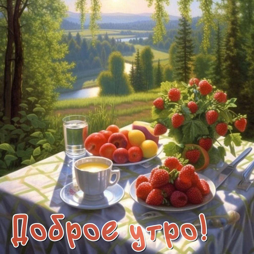 Утро, стол на свежем воздухе с напитками и фруктами