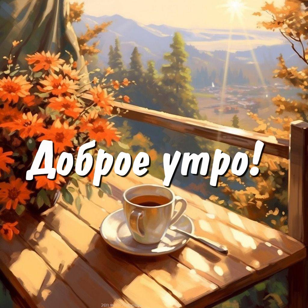 Утро, стол на веранде с чаем и цветами на фоне пейзажа