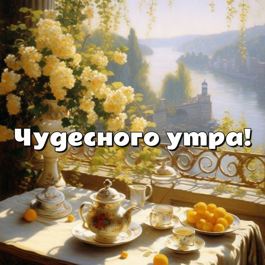 Утро, стол с белой скатертью и сервизом на фоне пейзажа