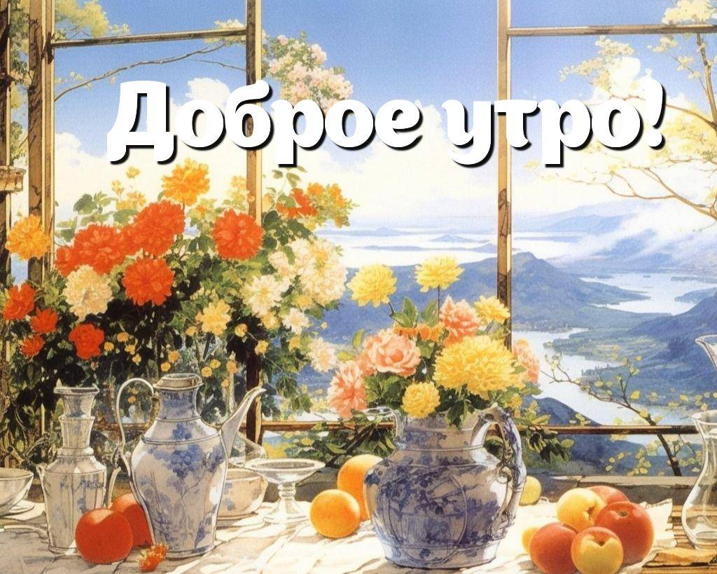 Утро, стол с белой скатертью, вазы, цветы, фрукты
