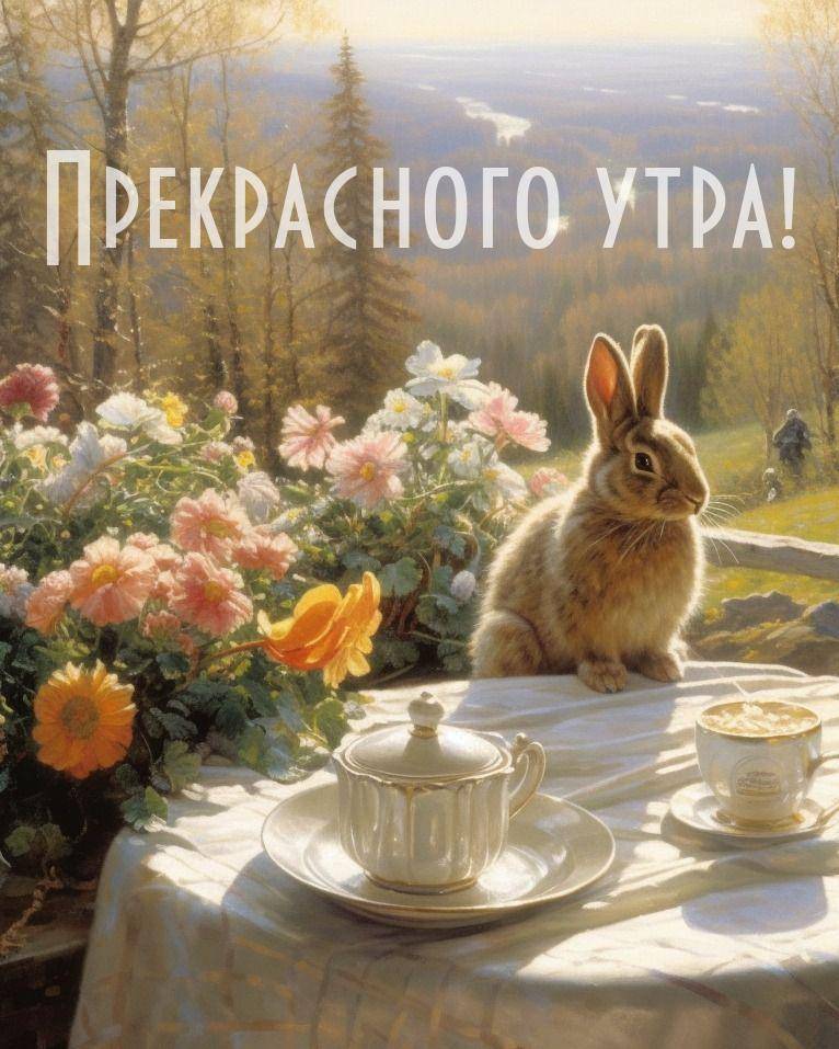Утро, стол с чайником, цветами и кроликом на фоне леса