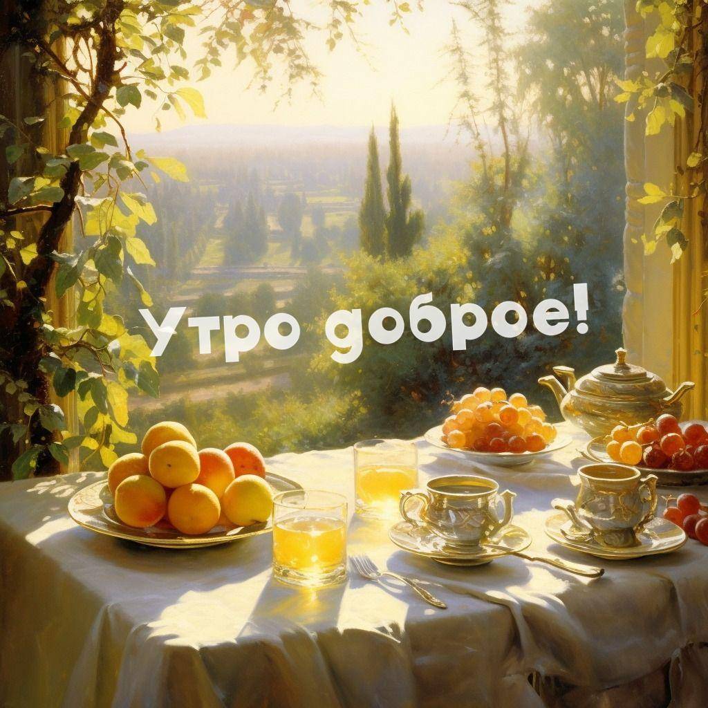 Утро, стол с чайной посудой, фруктами и напитками