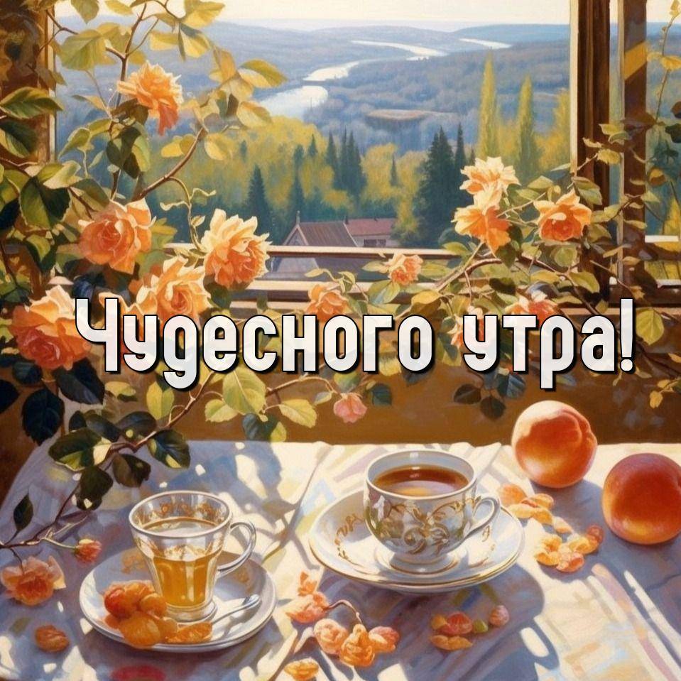 Утро, стол с чашками чая и персиками на фоне природы
