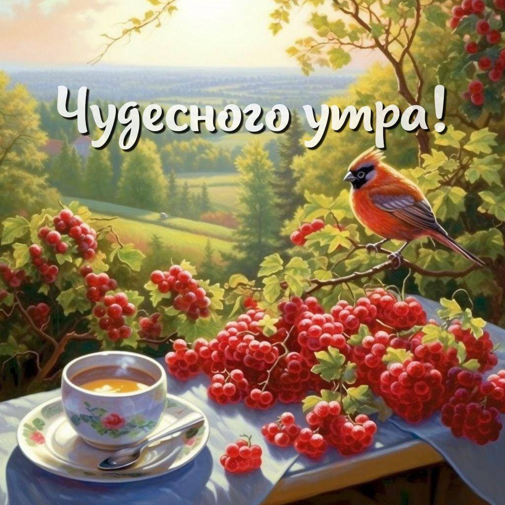 Утро, стол с чашкой чая и гроздьями смородины, птица на ветке