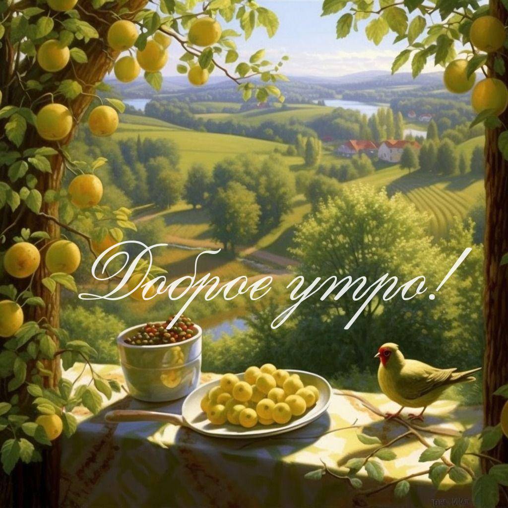 Утро, стол с фруктами на фоне зелёных холмов