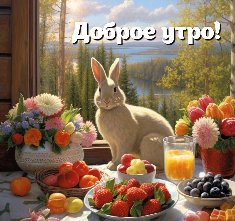 Утро, стол с фруктами, цветами и белым кроликом на окне