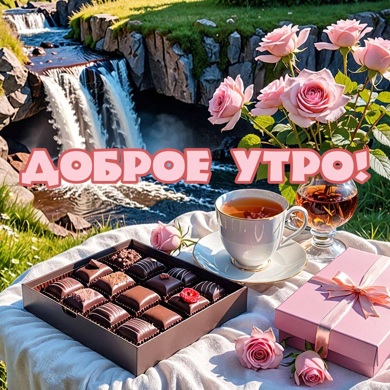 Утро, стол с конфетами, розами и чаем на фоне водопада