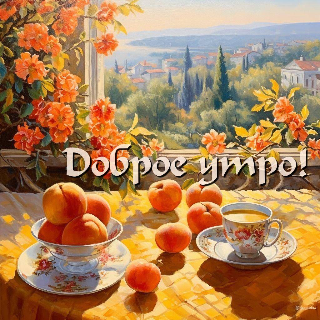 Утро, стол с персиками и чашкой на фоне окна