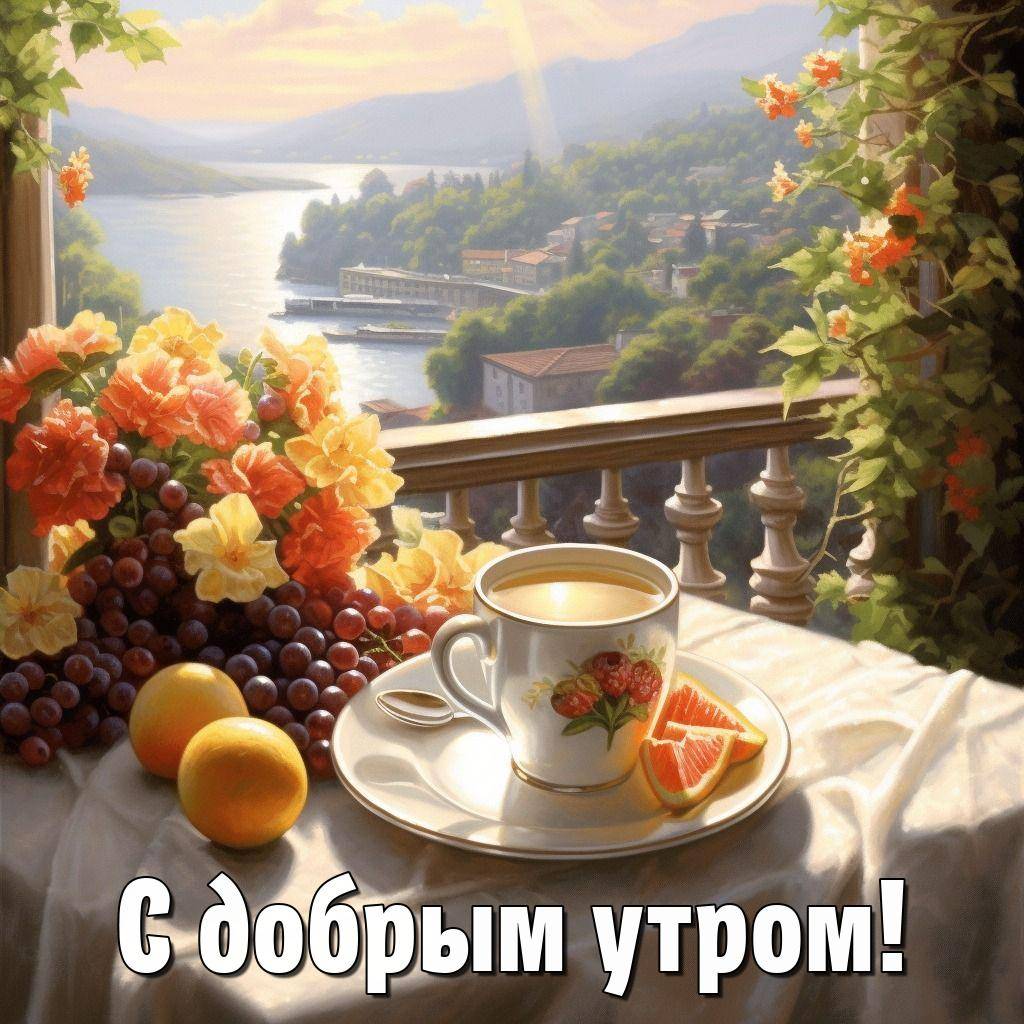 Утро, столик на балконе с видом на реку и холмы