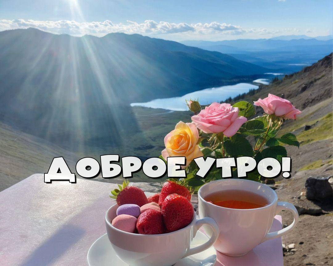 Утро, столик с чаем, клубникой и макаронами на фоне горного пейзажа