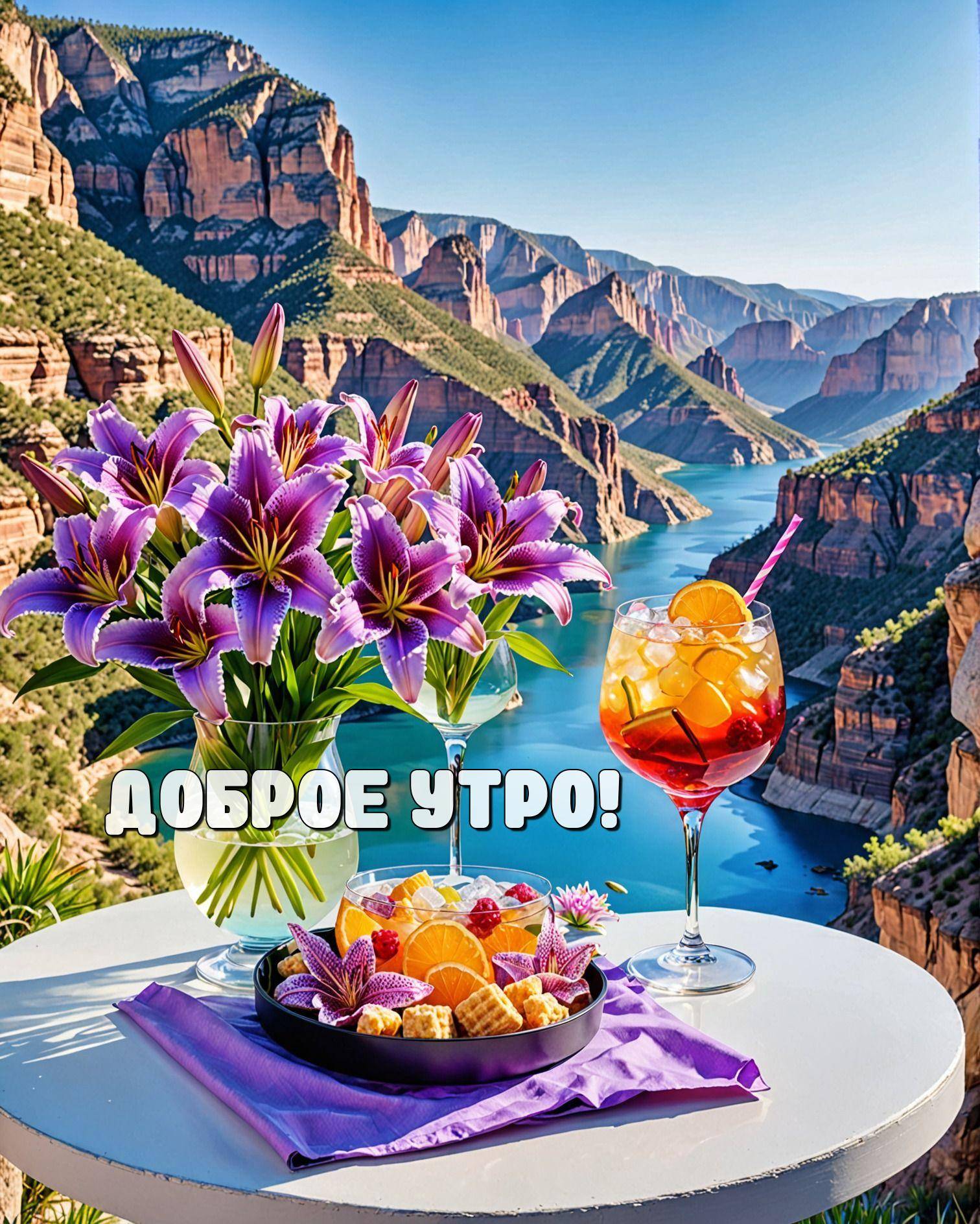 Утро, столик с лилиями, бокалом и фруктами на фоне каньона