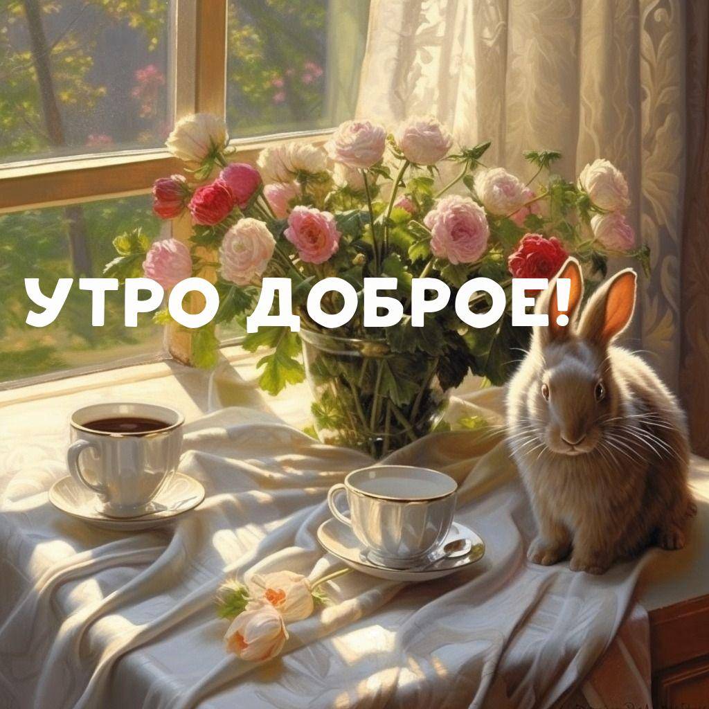Утро, сцена у окна с кроликом и цветами