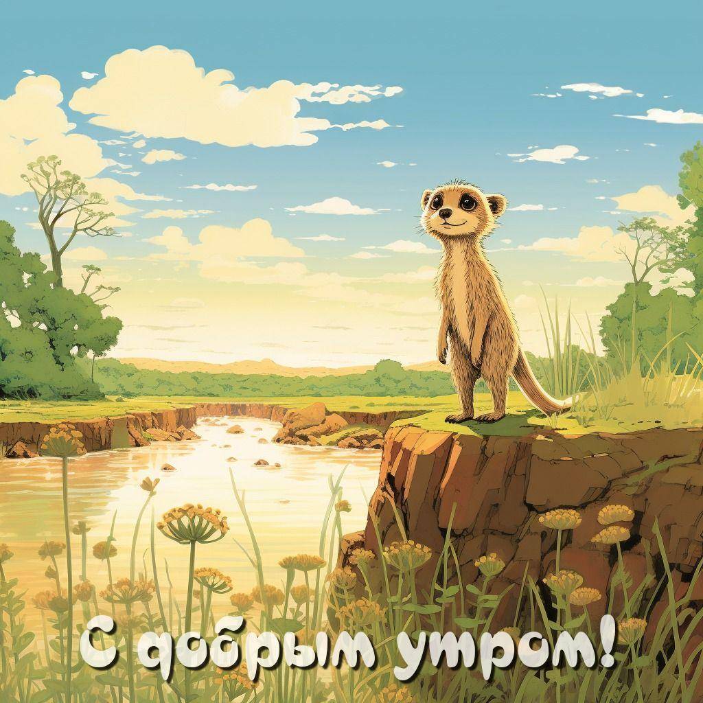 Утро, сурикат на скале, смотрящий на реку