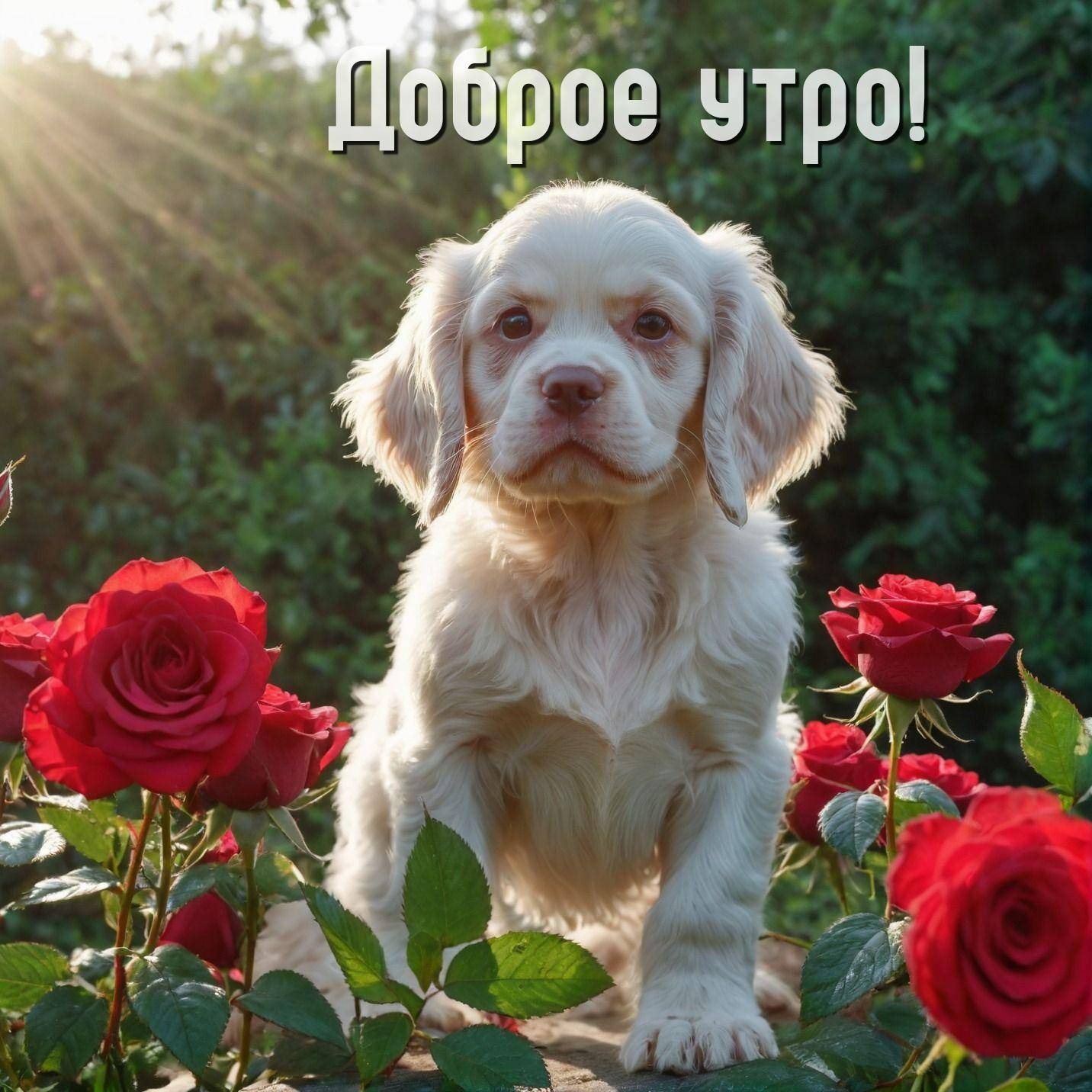 Утро, светлый щенок среди красных роз на фоне зелени