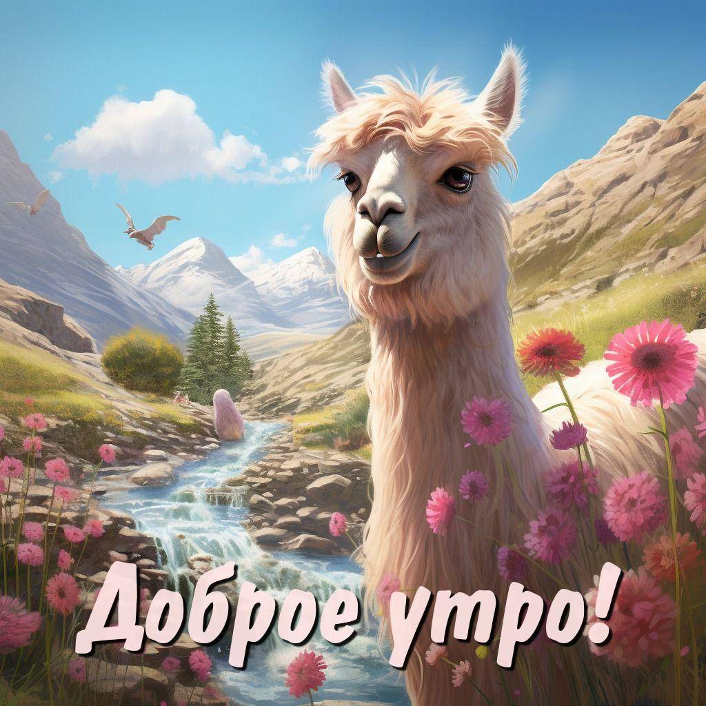 Утро, светло-коричневый альпака среди розовых цветов