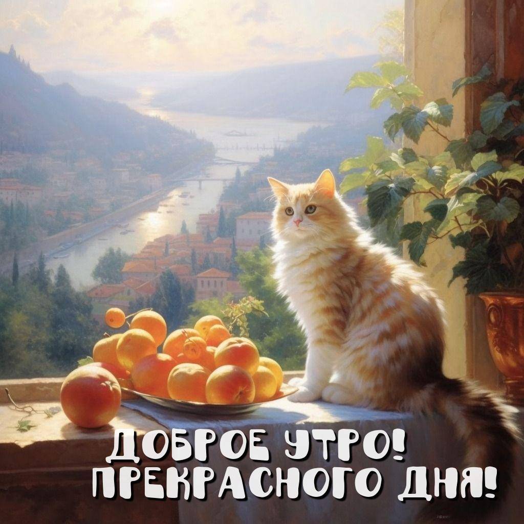 Утро, текст alt,Кошка на столе рядом с миской апельсинов на фоне пейзажа